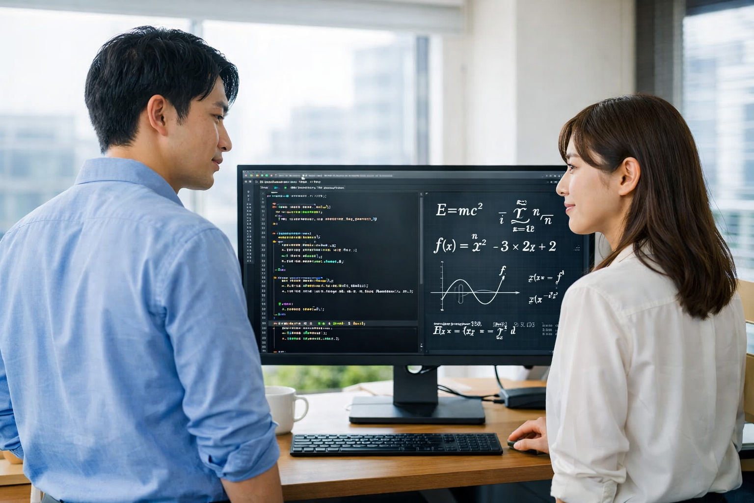 プログラミングコードと数式を確認する日本人ITエンジニア男女