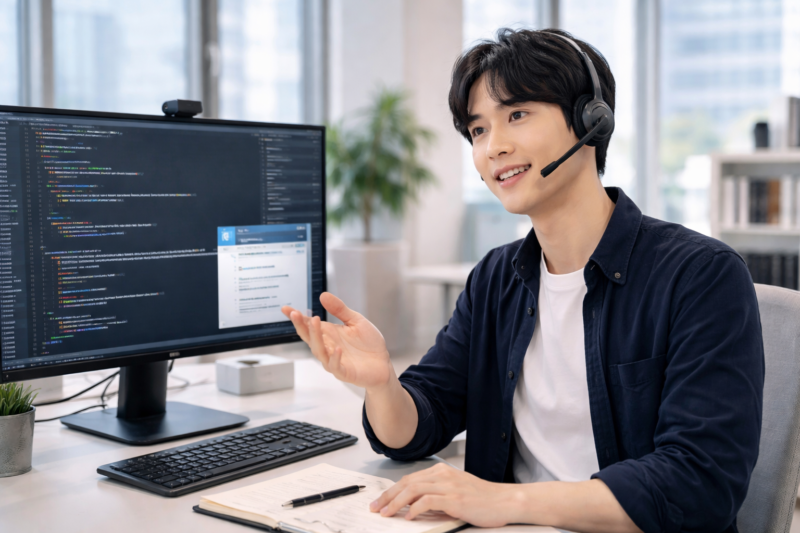 オンライン会議で質問に答える日本人ITエンジニア