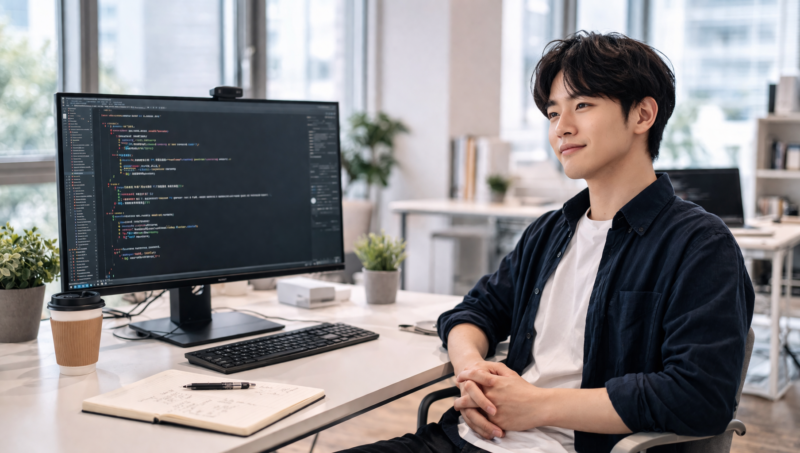 作業を終えて落ち着いた表情で振り返る日本人ITエンジニア