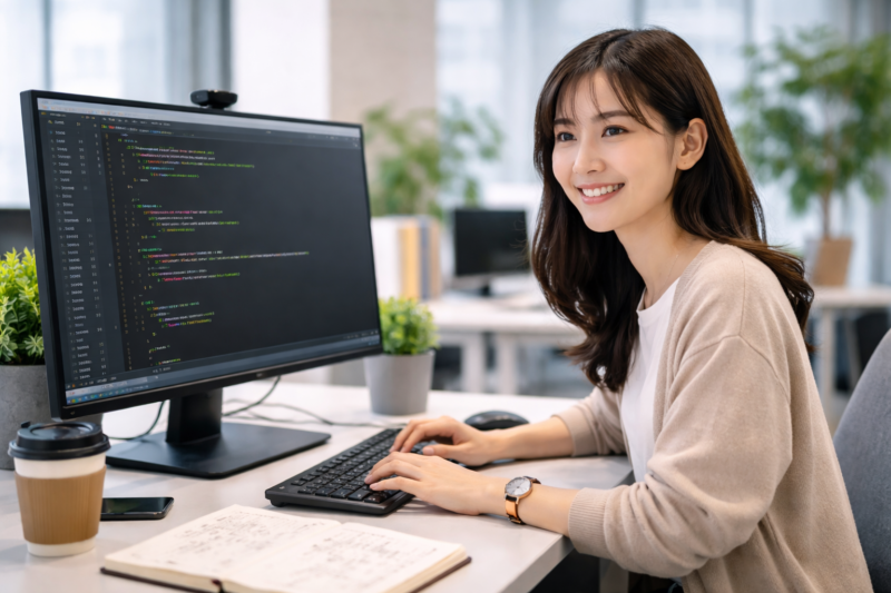 笑顔でプログラミングに取り組む初心者の日本人ITエンジニア