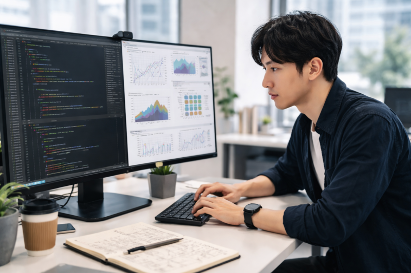 複雑なコードとグラフを分析する日本人ITエンジニア