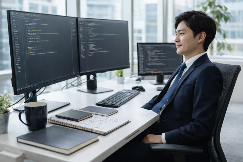 学習を終えて満足するエンジニア