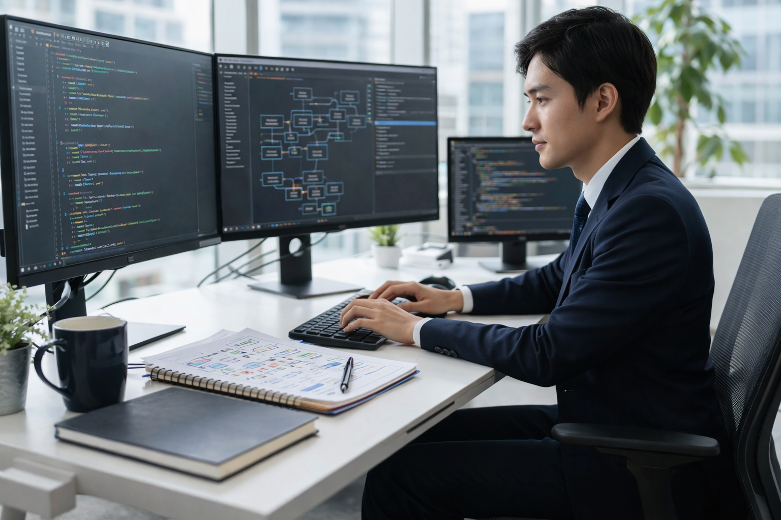C言語を学習しスキルを高める男性エンジニアの作業風景