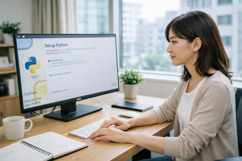 Pythonの開発環境をセットアップする女性エンジニア