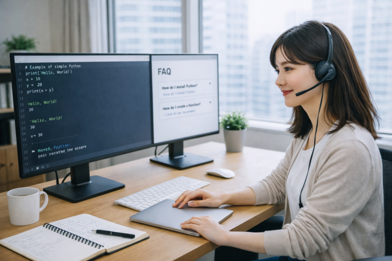 Pythonに関する質問に回答する日本人女性エンジニアのサポート風景