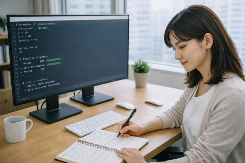 Python学習のロードマップを計画する女性エンジニア