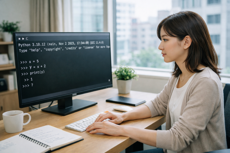 Pythonのインタプリタ実行を確認する女性エンジニア