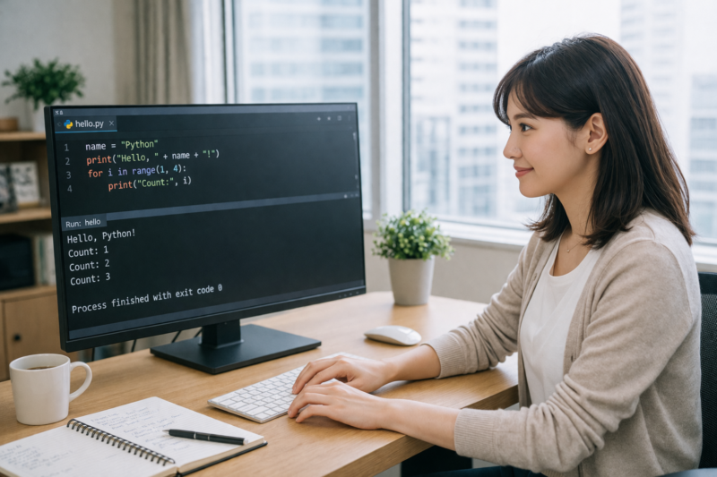 Pythonスクリプトを実行して結果を確認する女性エンジニア