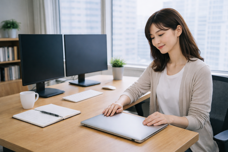 Python学習を終えて満足する女性エンジニア