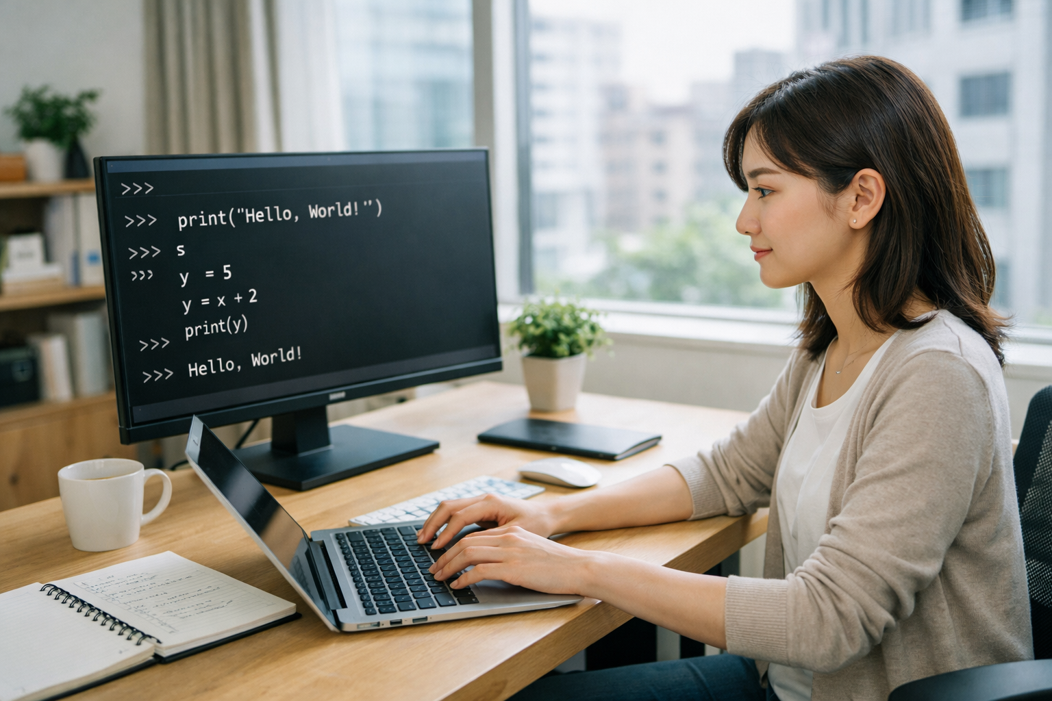 Python入門でHello Worldを学ぶ日本人女性エンジニアの作業風景