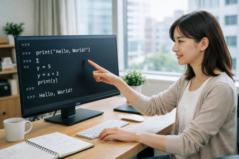 Pythonの基本概念を解説する女性エンジニア