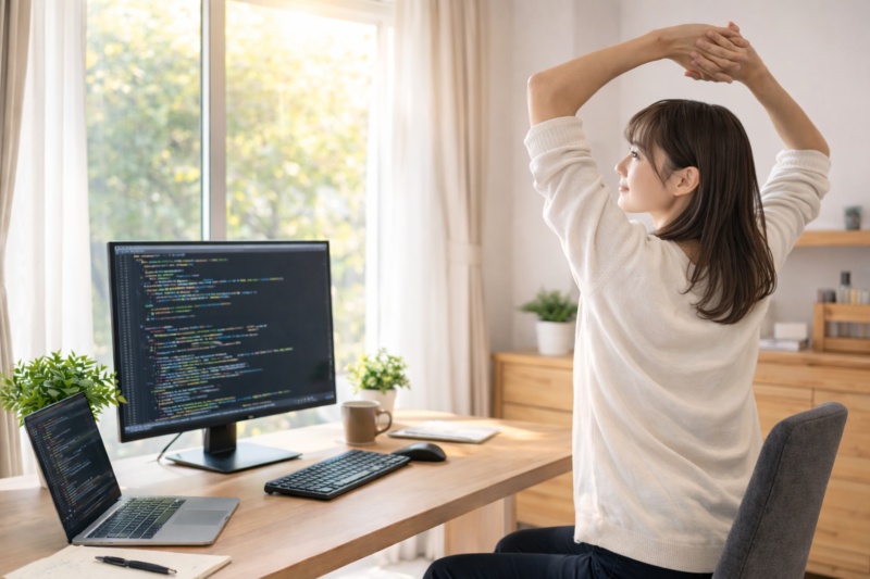 在宅勤務前にストレッチをする日本人ITエンジニア