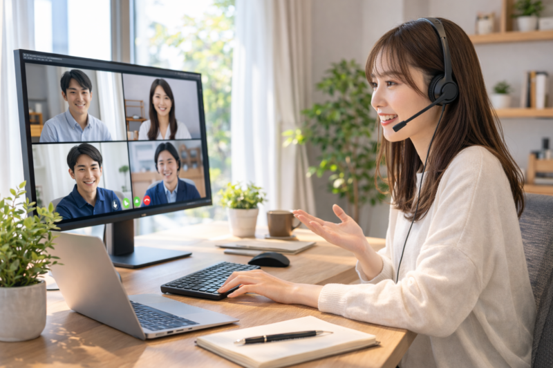 オンライン会議で同僚とコミュニケーションを取る在宅勤務エンジニア