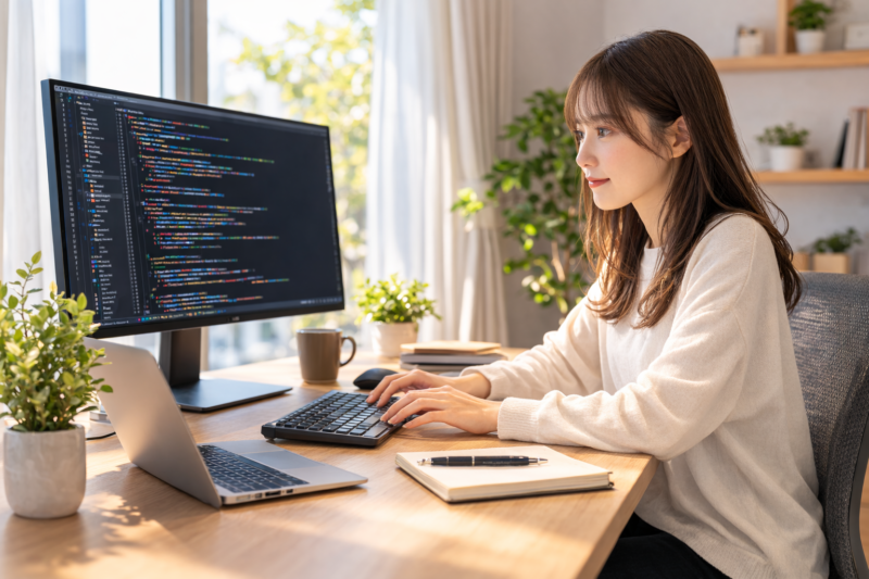 整った作業環境で在宅勤務をしている日本人ITエンジニア