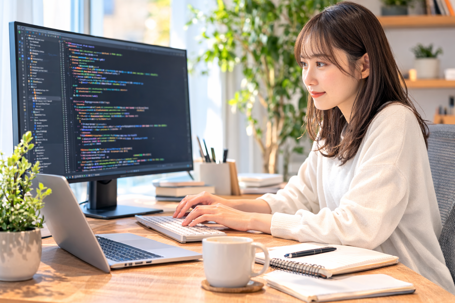 在宅勤務をしている日本人ITエンジニアのホームオフィス風景