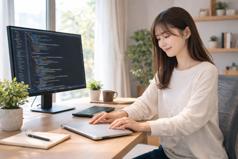 在宅勤務を終えて満足そうにノートPCを閉じるITエンジニア