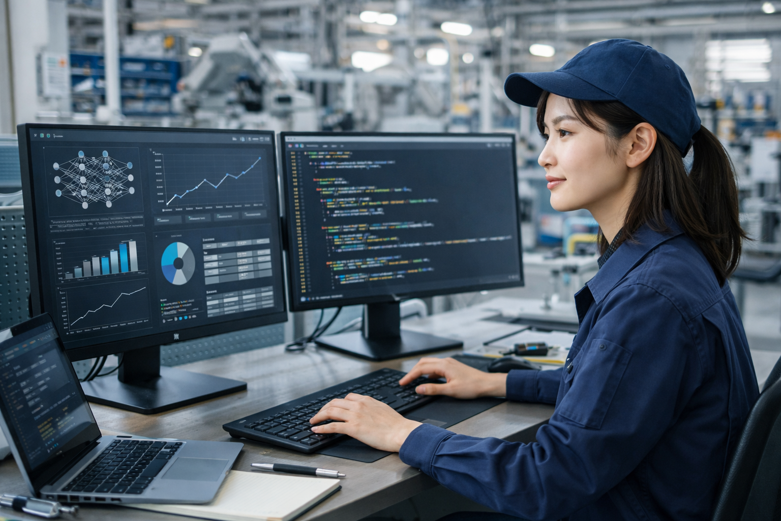 製造現場でAIシステムを開発・分析する作業服姿の女性エンジニア