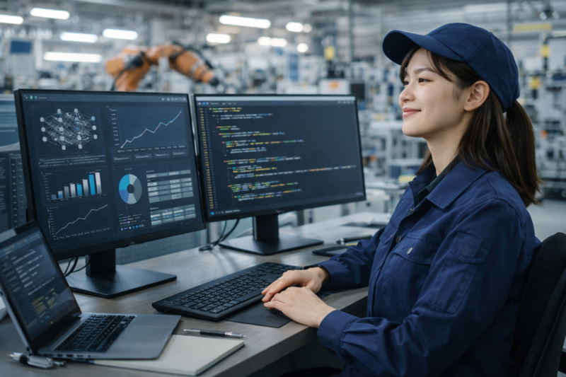 製造現場で作業を終え、達成感のある表情で微笑む作業服姿の女性AIエンジニア