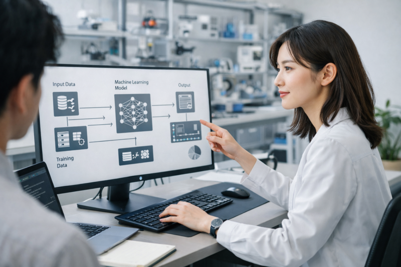 研究室でAIシステムの仕組みを説明する白衣姿の女性エンジニア