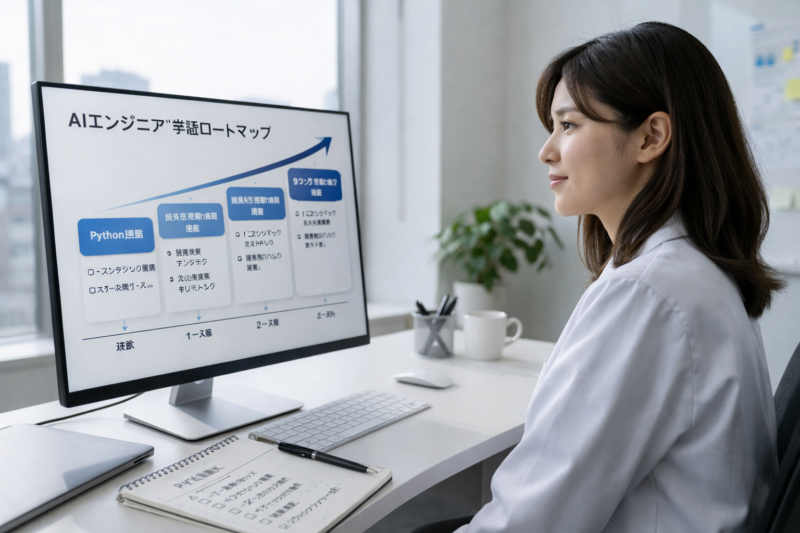 AIエンジニアになるための学習ロードマップを確認する女性エンジニア
