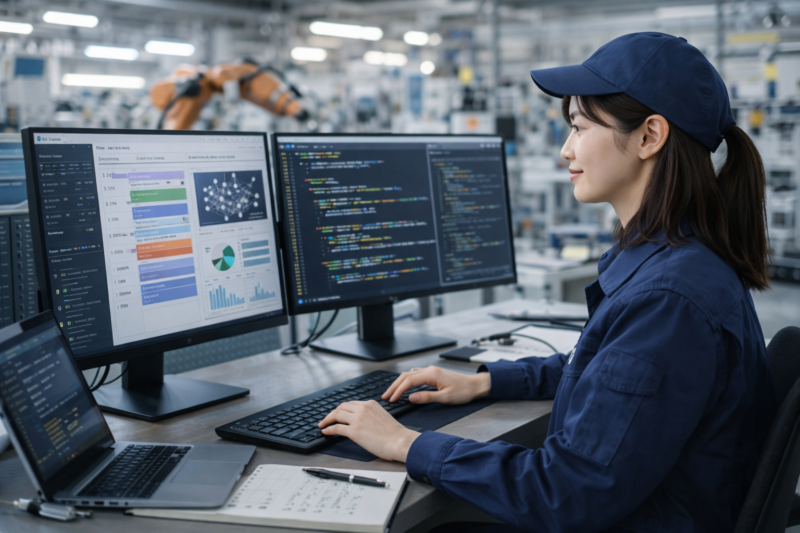 製造現場で1日の業務を進める作業服姿の女性AIエンジニア