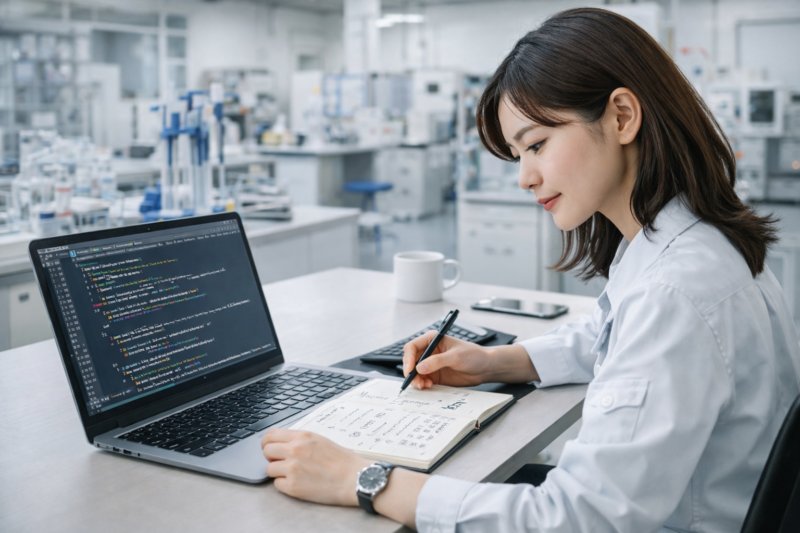 研究室で機械学習を学習しノートにまとめる白衣姿の女性AIエンジニア