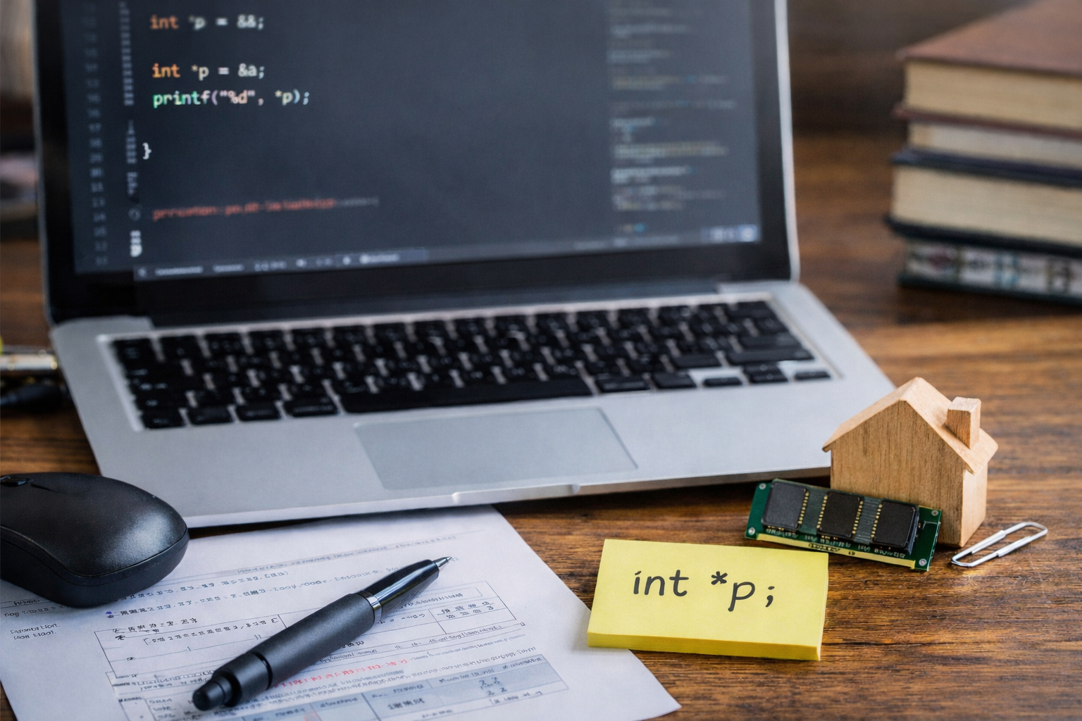 C言語ポインタ学習のイメージ写真｜ノートパソコン画面にポインタコードとメモリ部品が置かれたデスク環境