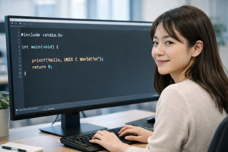 C言語のコードが表示されたモニターの前で振り向き自然に微笑む若手女性エンジニア