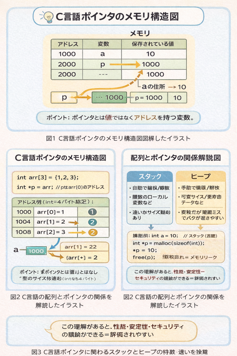 C言語ポインタのメモリ構造図|変数aのアドレスとポインタpの参照関係を示す図解
