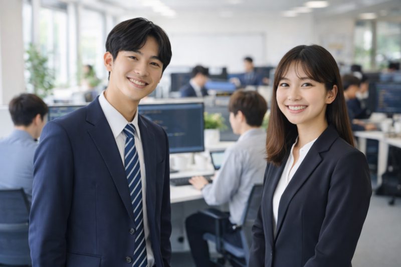 明るいオフィスで働く日本人の新人ITエンジニア男女。背景で他のエンジニアが作業している様子。