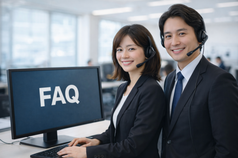 ヘッドセットを付けてFAQ対応を行う女性エンジニアと男性エンジニア(明るくモダンなオフィス)