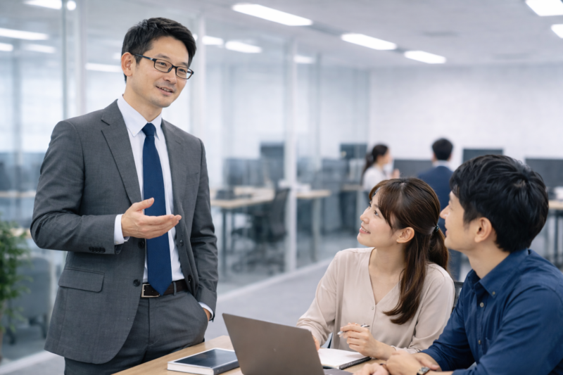 若い男女のプログラマーの質問に答える日本人の男性システムエンジニア。グレーのスーツと眼鏡を着用し、落ち着いた表情で説明している