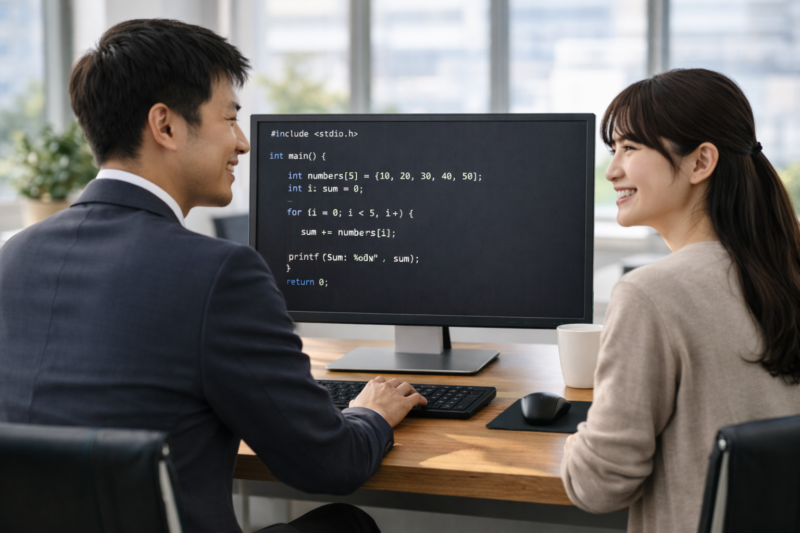 モダンなオフィスでC言語の配列処理コードを確認しながら笑顔で相談する若手日本人エンジニア男女