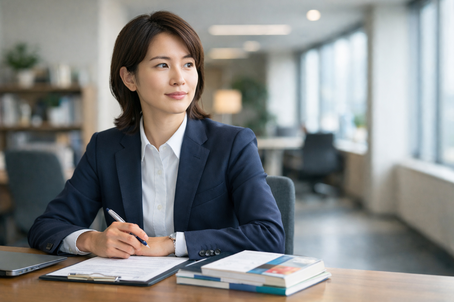 転職に向けて資格取得を準備する日本人女性ビジネスパーソンのイメージ