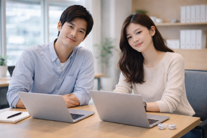 仕事を終えた後、穏やかな表情でパソコンに向かう日本人の若いエンジニア男女