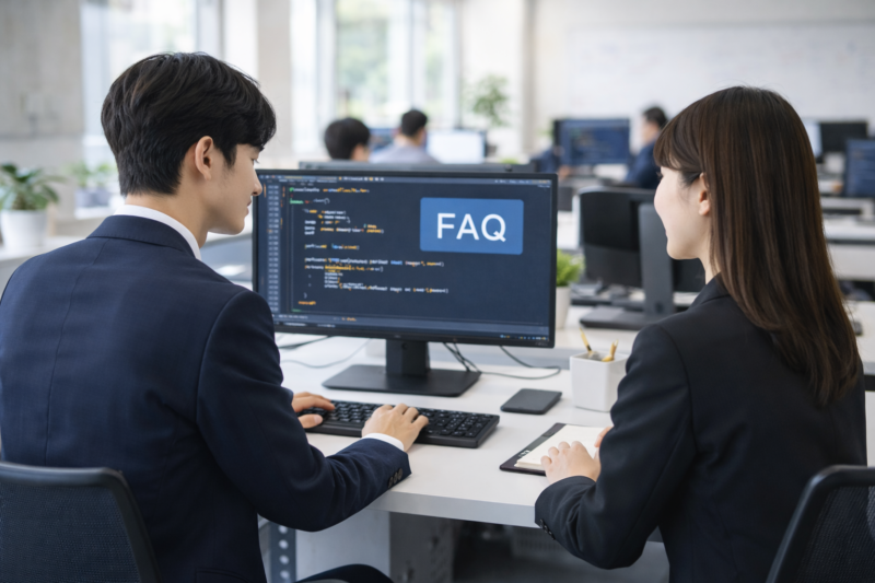 明るいオフィスでC言語のコードを表示したディスプレイに向かいプログラミングを行う日本人の新人ITエンジニア男女。