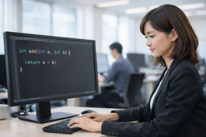 C言語の関数と戻り値のコードを確認しながらタイピングする女性エンジニア(明るいオフィス)