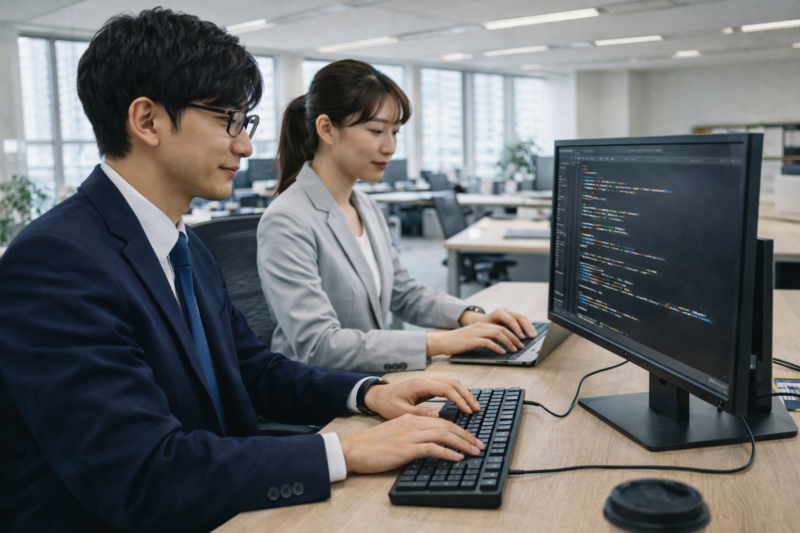 整理されたオフィスでデスクトップPCを使って作業する日本人の若い男女のプログラマー