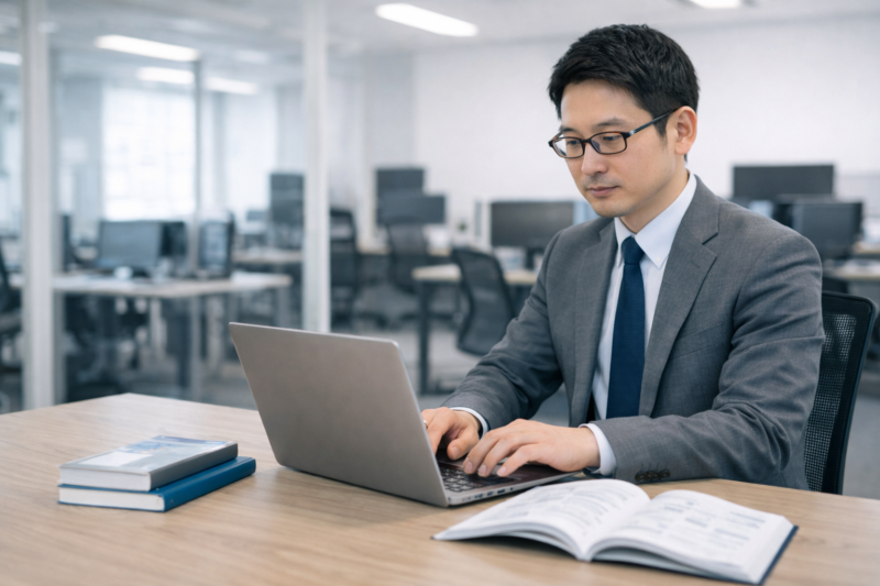 ノートPCと参考書で作業に集中する日本人の男性システムエンジニア