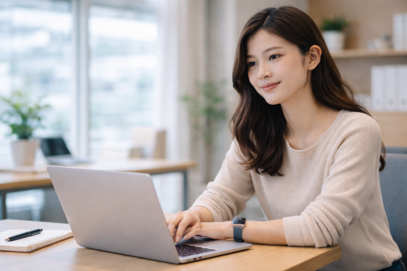 ノートパソコンで作業している日本人の若い女性エンジニア