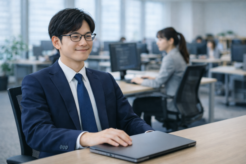 オフィスで仕事を終え、ノートパソコンを閉じて落ち着いた表情を見せるスーツ姿の日本人社会人