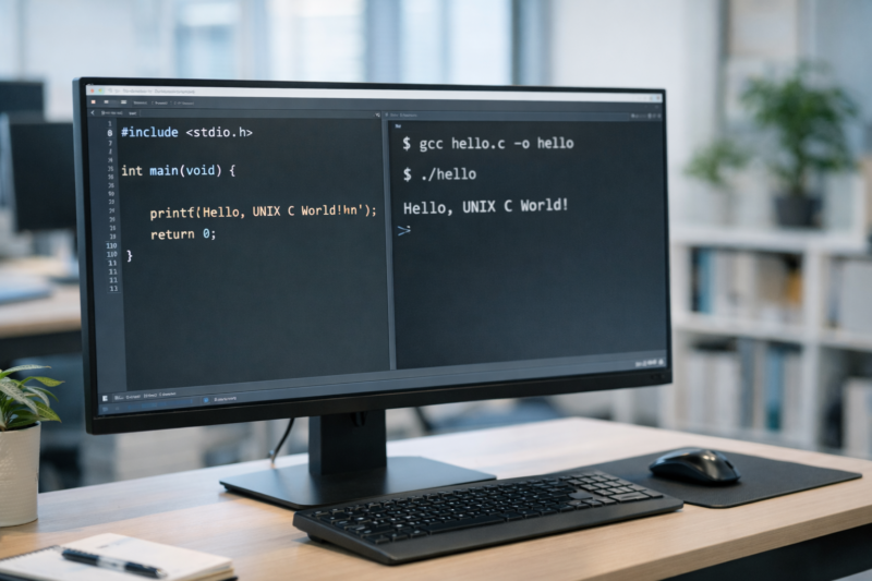 C言語のソースコードとUNIXターミナルが同時に表示されたデスクトップモニター画面