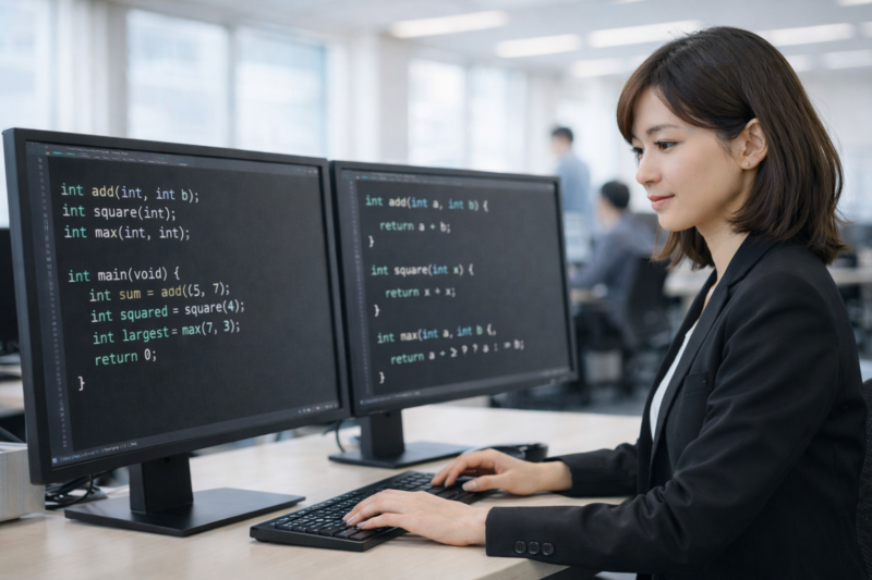 main関数と複数の小さな関数を2画面で確認する女性エンジニア(明るいオフィス)