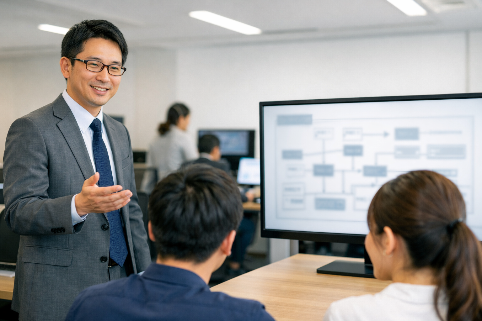 若いプログラマーにシステム構成を説明する日本人のシステムエンジニア