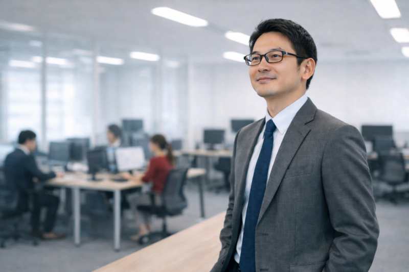 オフィスで前向きな表情をした日本人の男性システムエンジニア。背景には作業中の社員がぼかして写っている