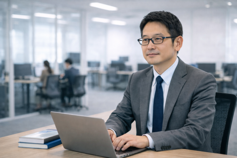 清潔感のあるオフィスで落ち着いて作業する日本人の男性システムエンジニア