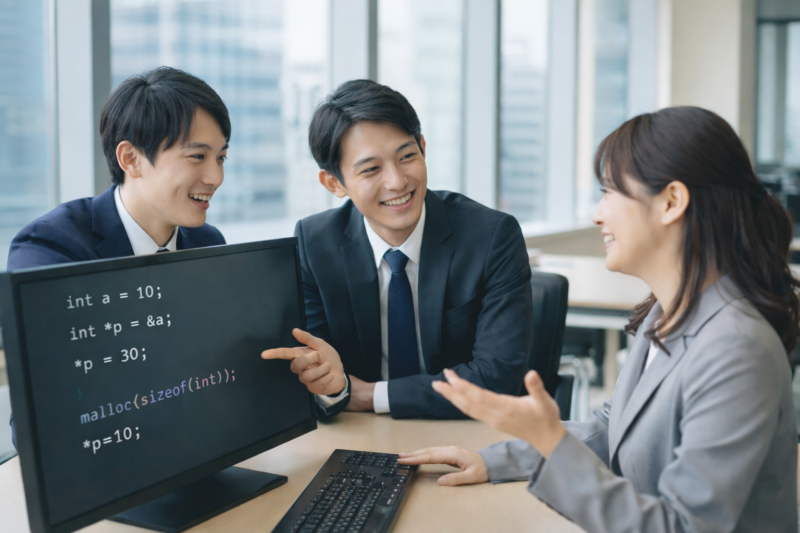 C言語ポインタのFAQを議論する若手エンジニア3人|オフィスでポインタコードを表示したディスプレイ前の様子