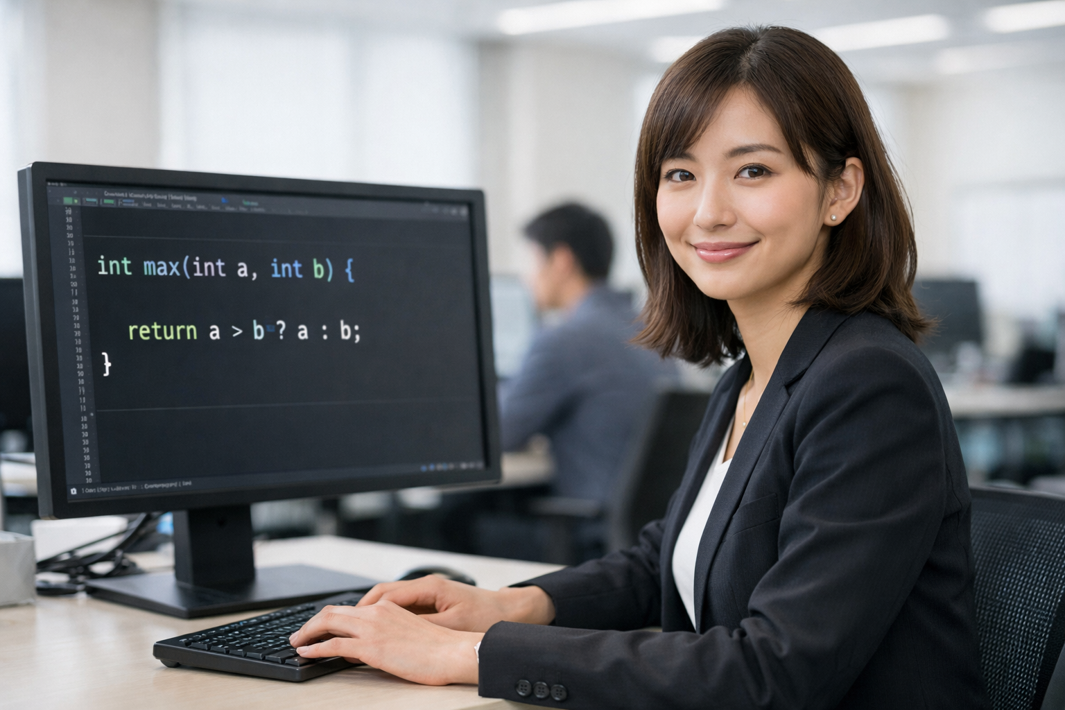 C言語の関数コードを表示したモニターの前で作業する女性エンジニア