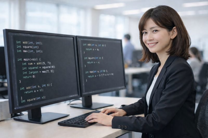 複数の小さな関数で構成されたC言語プログラムを表示したモニターの前で、白い歯が少し見える柔らかな笑顔の女性エンジニア(明るいオフィス)
