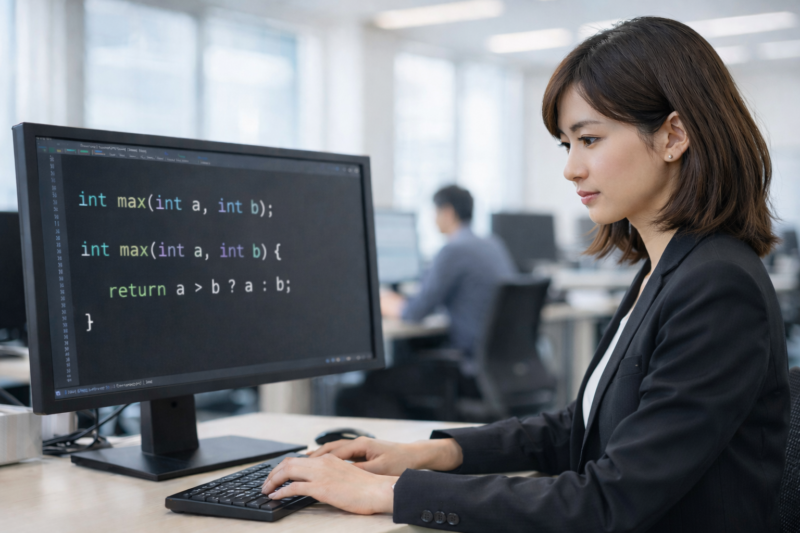 C言語の関数宣言と定義のコードを確認している女性エンジニア(明るいオフィス風景)